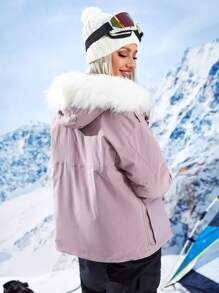 Casual Minimalist Fur-Collar Hooded Padded Coat, Winter - Dusty Pink - View 2