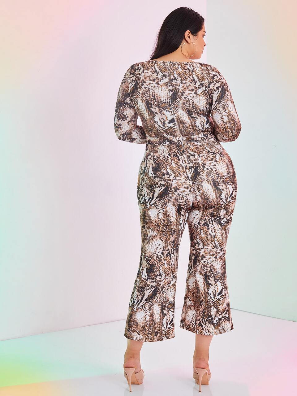 Plus Snakeskin Print Cut Out Crossover Front Flare Leg Jumpsuit