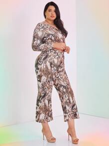 SHEIN SXY Plus Snakeskin Print Cut Out Crossover Front Flare Leg Jumpsuit - Multicolor - View 3