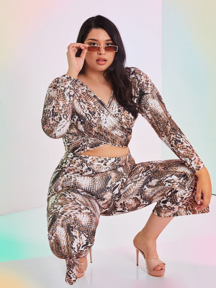 Plus Snakeskin Print Cut Out Crossover Front Flare Leg Jumpsuit