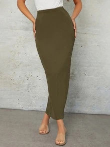 Seusyu Falda unicolor tejido de canalé - Verde militar - Ver 2