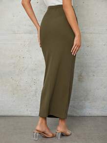 Seusyu Falda unicolor tejido de canalé - Verde militar - Ver 3