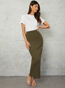 Seusyu Falda unicolor tejido de canalé - Verde militar - Ver 1