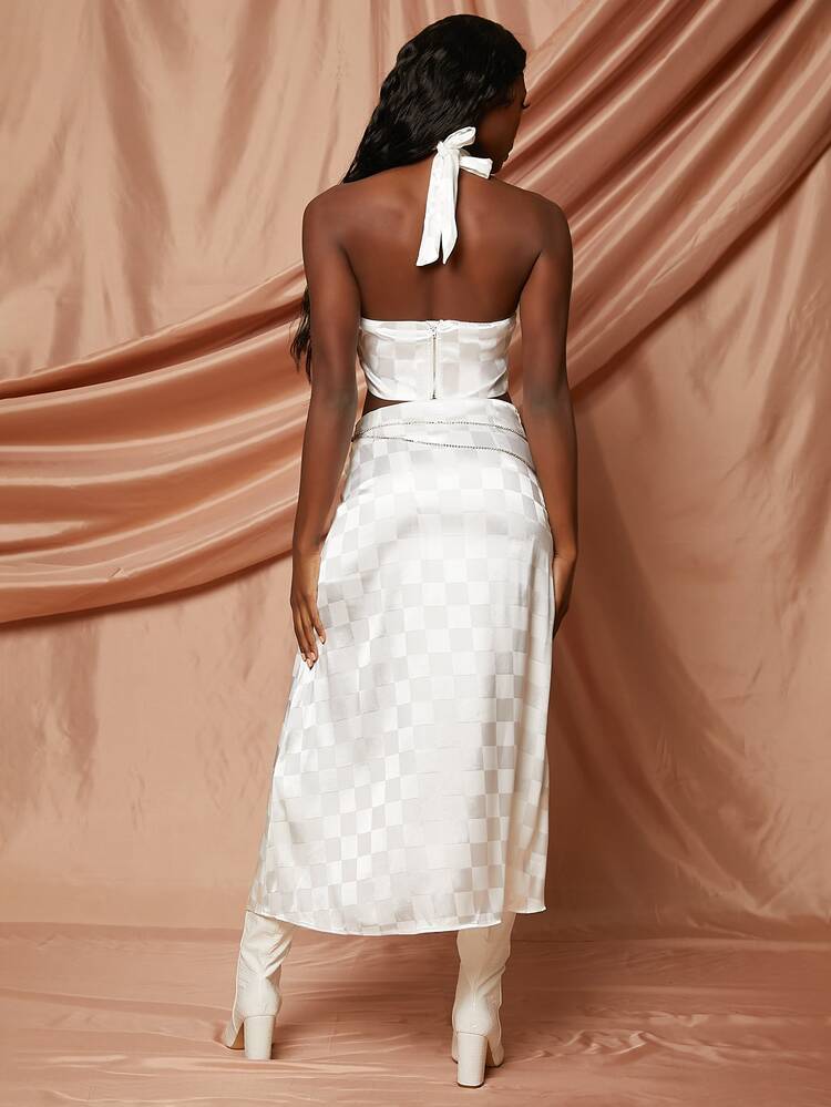 Checker Jacquard Halter Top & Chain Detail Slit Skirt