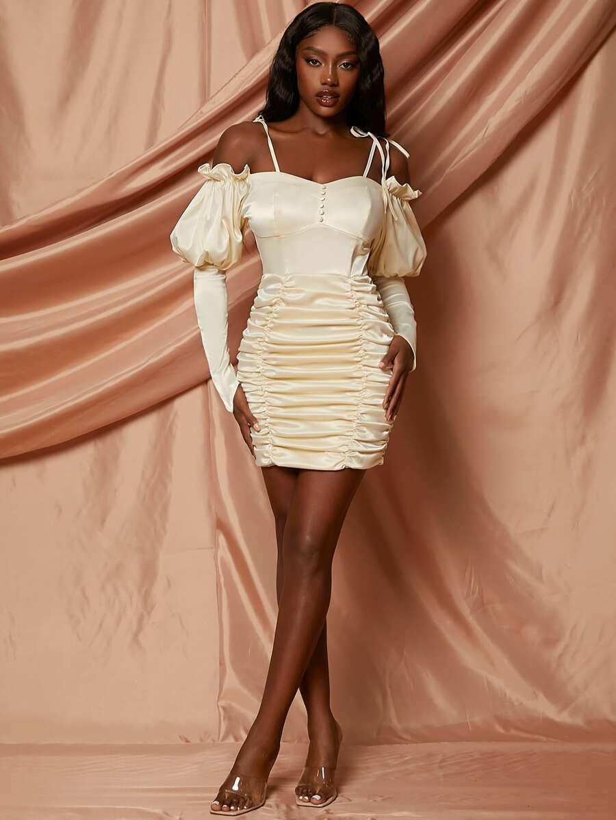 SHEINNeu Cold Shoulder Gigot Sleeve Ruffle Trim Ruched Bodycon Dress - Beige - View 1