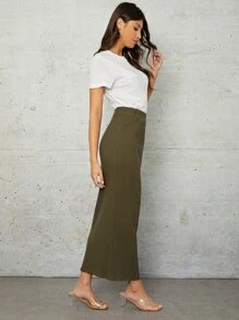 Seusyu Falda unicolor tejido de canalé - Verde militar - Ver 5