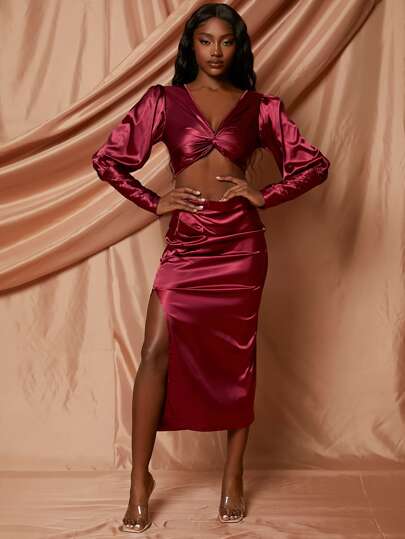 SHEINNeu girante de manga gigot de satén Top & fruncido con abertura Falda