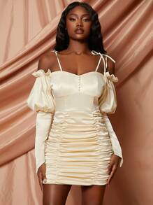 SHEINNeu Cold Shoulder Gigot Sleeve Ruffle Trim Ruched Bodycon Dress - Beige - View 3