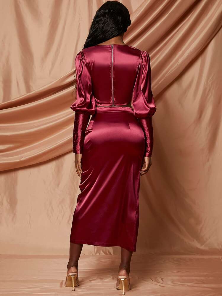 Twist Gigot Sleeve Satin Top & Ruched Slit Skirt