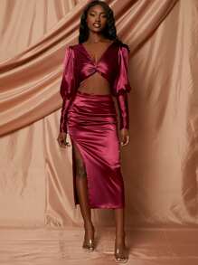 SHEINNeu 扭結羊腿袖緞面上衣和褶邊開衩半身裙 - 酒紅色 - 查看 3