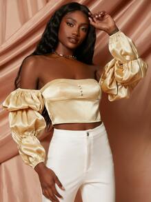 SHEINNeu Off Shoulder Gathered Sleeve Crop Top - Champagne - View 1