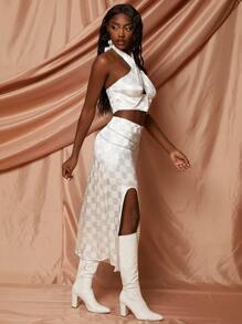 SHEINNeu 棋盤格提花掛脖上衣和鏈條細節開衩半身裙 - 米色 - 查看 5