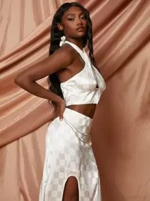 SHEINNeu 棋盤格提花掛脖上衣和鏈條細節開衩半身裙 - 米色 - 查看 6