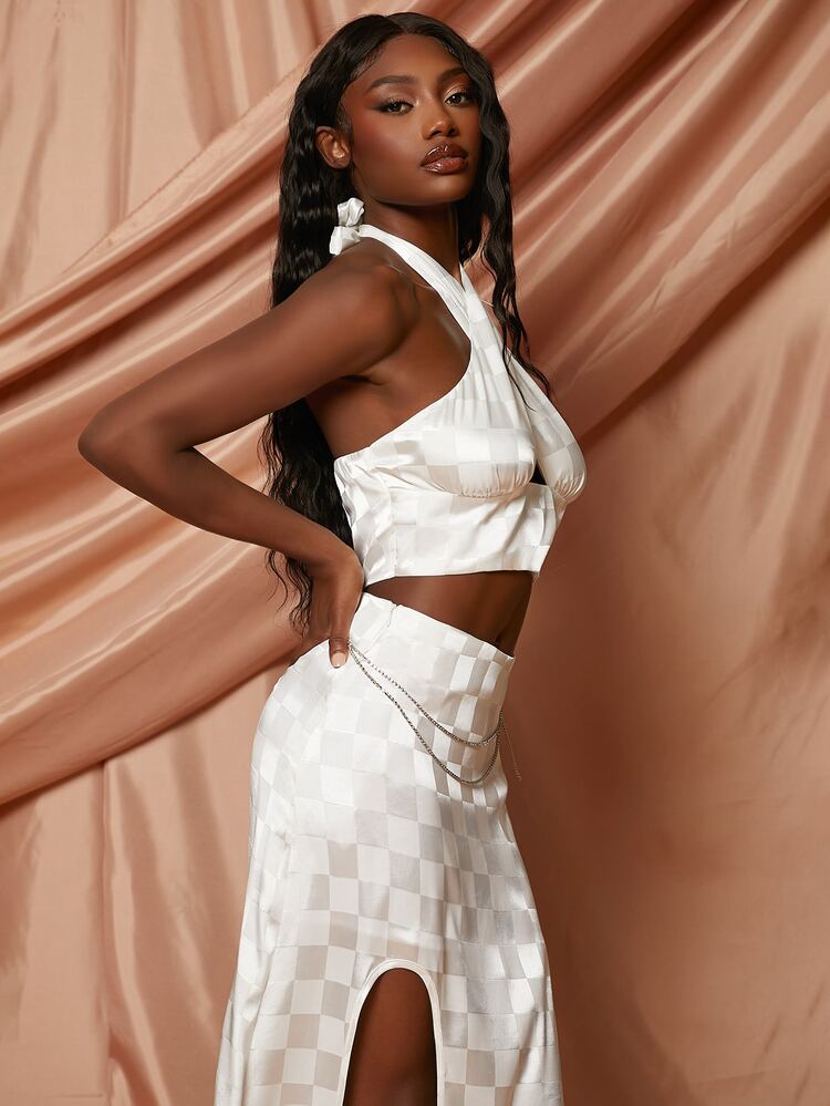 Checker Jacquard Halter Top & Chain Detail Slit Skirt