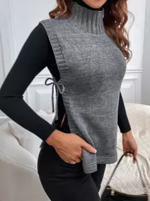 SHEIN LUNE High Neck Split Hem Knot Side Sweater Vest Without Top - Grey - View 1