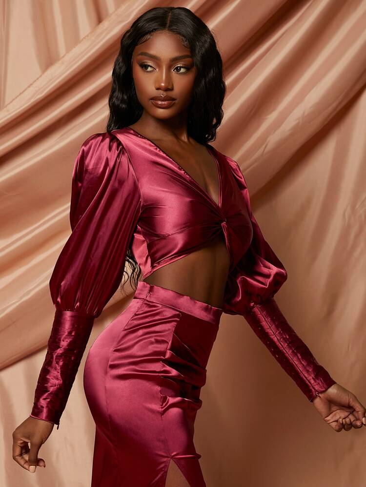 Twist Gigot Sleeve Satin Top & Ruched Slit Skirt
