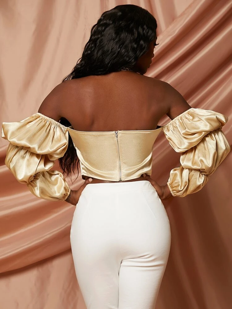 Off Shoulder Gathered Sleeve Crop Top