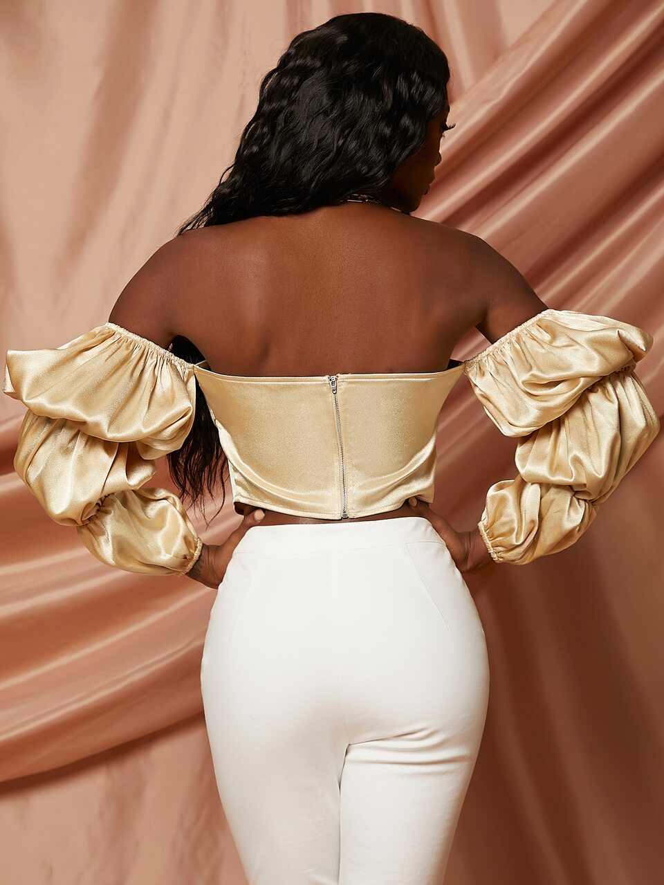 Off Shoulder Gathered Sleeve Crop Top