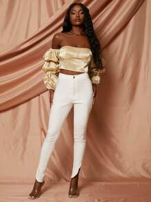 SHEINNeu Off Shoulder Gathered Sleeve Crop Top - Champagne - View 3