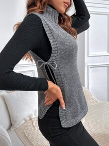 SHEIN LUNE High Neck Split Hem Knot Side Sweater Vest Without Top - Grey - View 4