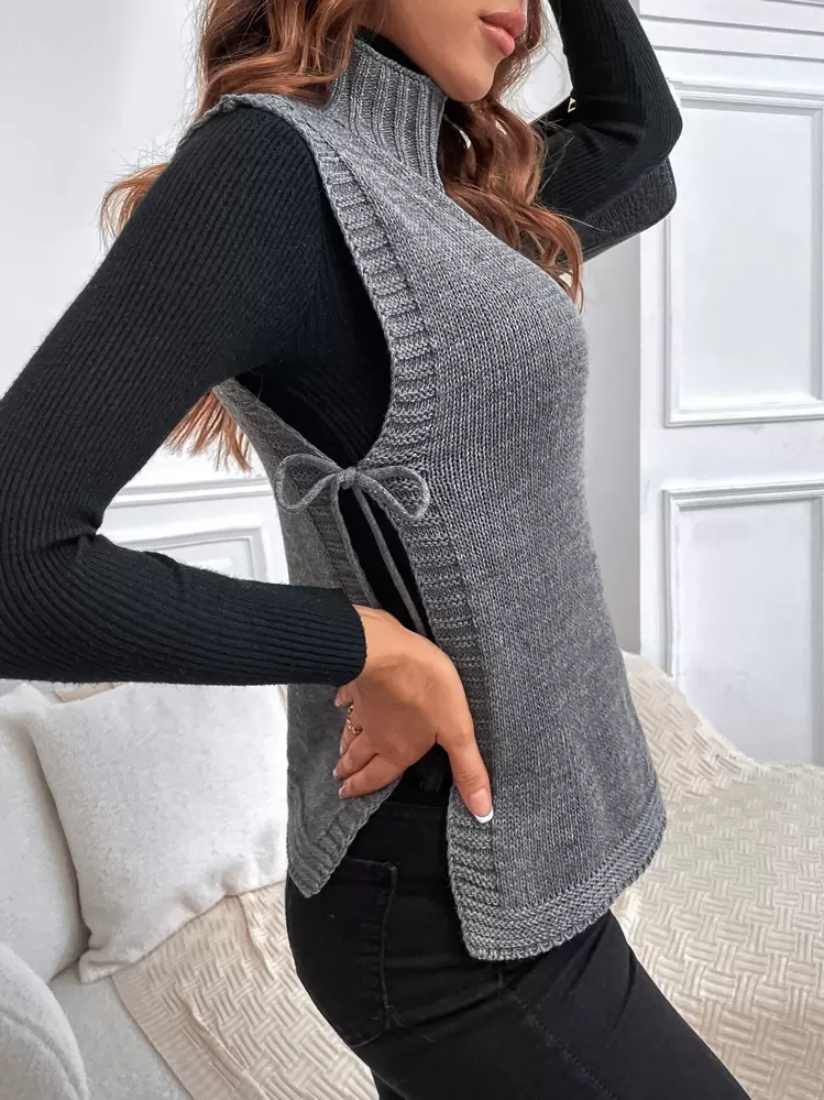 SHEIN LUNE High Neck Split Hem Knot Side Sweater Vest Without Top - Grey - View 4