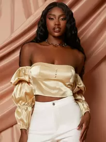 SHEINNeu Off Shoulder Gathered Sleeve Crop Top - Champagne - View 4