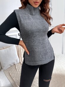 SHEIN LUNE High Neck Split Hem Knot Side Sweater Vest Without Top - Grey - View 5