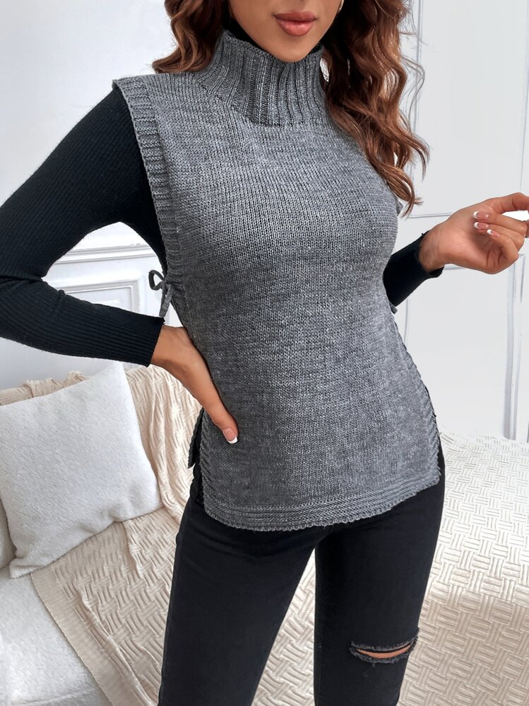 SHEIN LUNE High Neck Split Hem Knot Side Sweater Vest Without Top - Grey - View 5