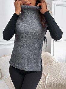 SHEIN LUNE High Neck Split Hem Knot Side Sweater Vest Without Top - Grey - View 6
