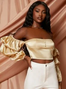 SHEINNeu Off Shoulder Gathered Sleeve Crop Top - Champagne - View 5