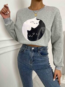 Drop Shoulder Cat Graphic Sweatshirt - Light Grey - View 3