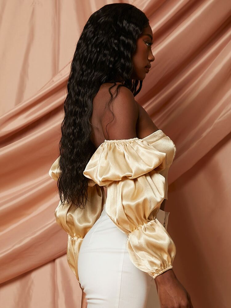 Off Shoulder Gathered Sleeve Crop Top