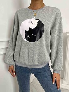 Drop Shoulder Cat Graphic Sweatshirt - Light Grey - View 4