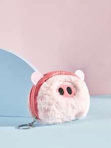 SHEIN Pig Design Fluffy Coin Case - Pink - View 1