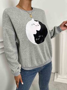 Drop Shoulder Cat Graphic Sweatshirt - Light Grey - View 5