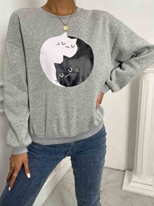 Drop Shoulder Cat Graphic Sweatshirt - Light Grey - View 6