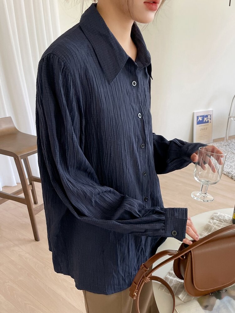 DAZY 纯色纹理纽扣前襟长袖衬衫 - 藏蓝色 - 查看 6