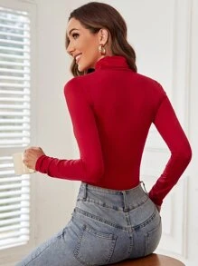 SHEIN BAE Body liso de manga larga y cuello alto - Rojo - Ver 2