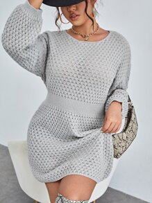 Celure Plus Drop Shoulder Pointelle Knit Jumper Dress - Light Grey - View 1