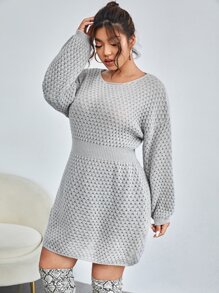 Celure Plus Drop Shoulder Pointelle Knit Jumper Dress - Light Grey - View 3