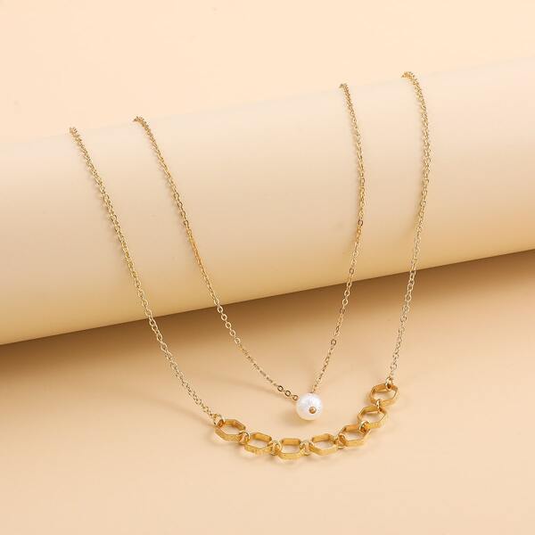

2pcs Faux Pearl & Geometric Decor Necklace, Multicolor