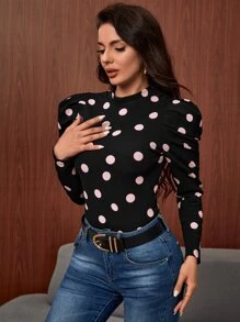 SHEIN Clasi 波点羊腿袖 T 恤 - 黑色 - 查看 5