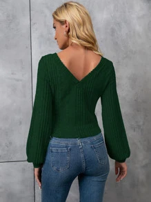 SHEIN Essnce Camiseta unicolor de manga farol de cuello V tejido de canalé - Verde Oscuro - Ver 2