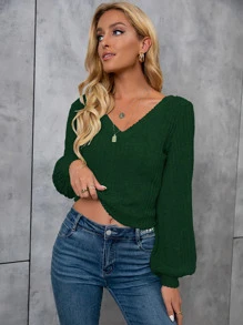 SHEIN Essnce Camiseta unicolor de manga farol de cuello V tejido de canalé - Verde Oscuro - Ver 4