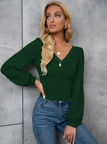 SHEIN Essnce Camiseta unicolor de manga farol de cuello V tejido de canalé - Verde Oscuro - Ver 5