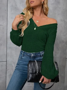 SHEIN Essnce Camiseta unicolor de manga farol de cuello V tejido de canalé - Verde Oscuro - Ver 6