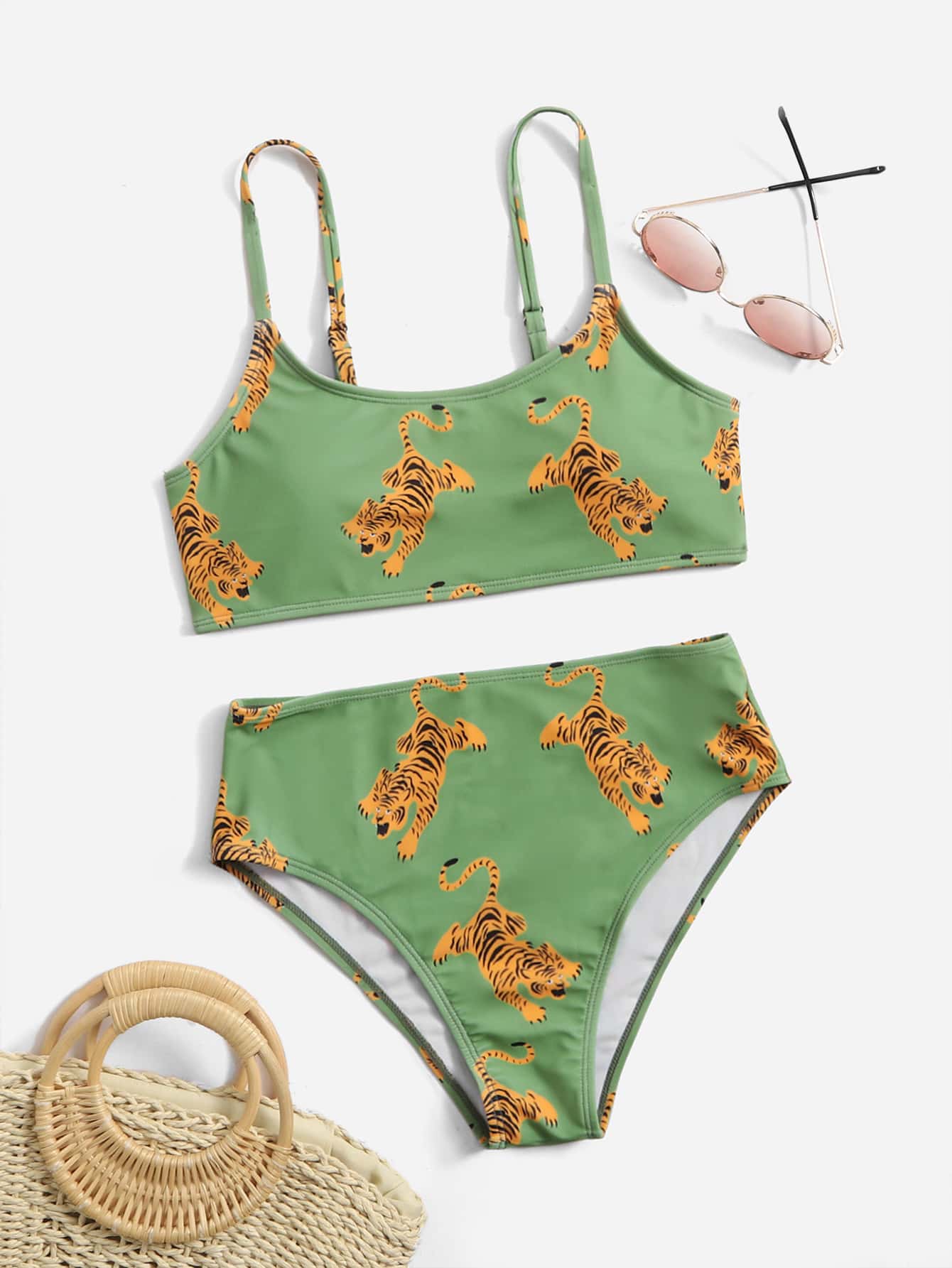 Bikini con estampado aleatorio de tigre para playa de verano - Verde - Ver 1