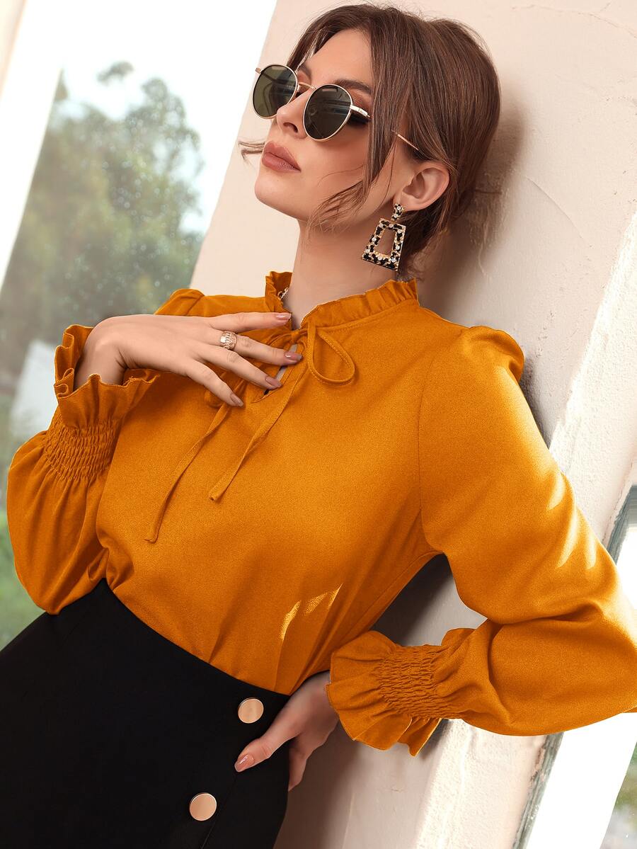 Shirred Flounce Sleeve Frilled Tie Neck Blouse - Mustard Yellow - View 1