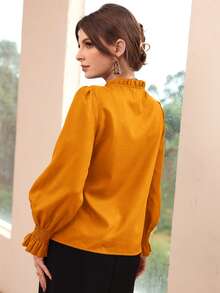 Shirred Flounce Sleeve Frilled Tie Neck Blouse - Mustard Yellow - View 2