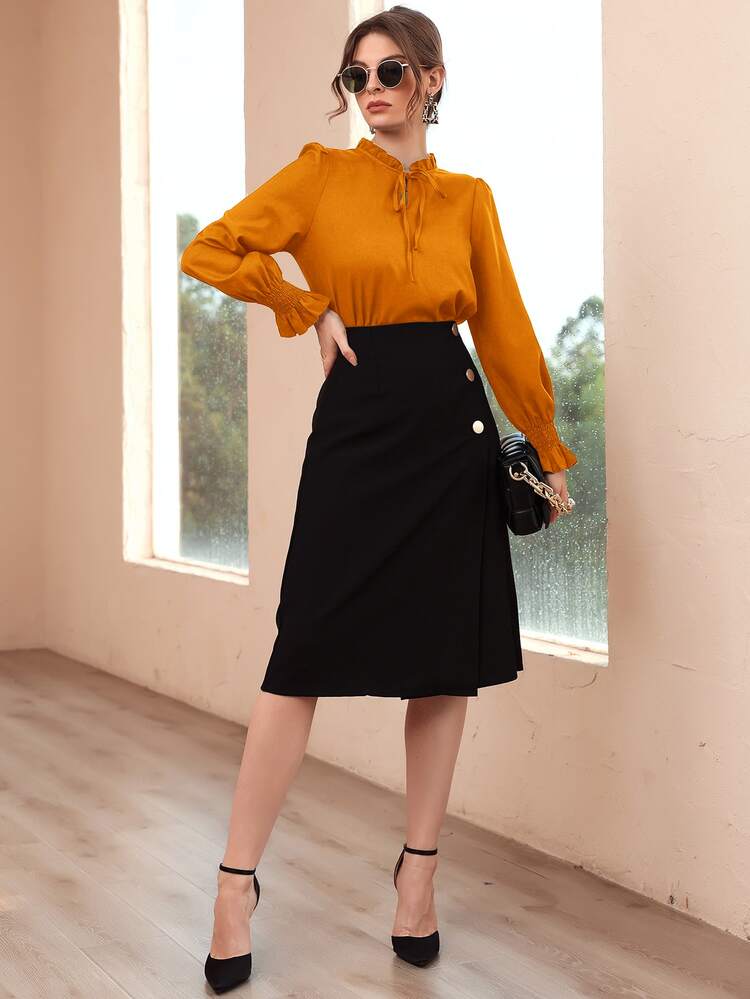 Shirred Flounce Sleeve Frilled Tie Neck Blouse - Mustard Yellow - View 3